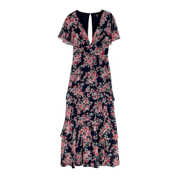 Lulus Navy Floral Maxi Dress Low Plunge Short Sleeve Womens XS - Picture 4 of 11